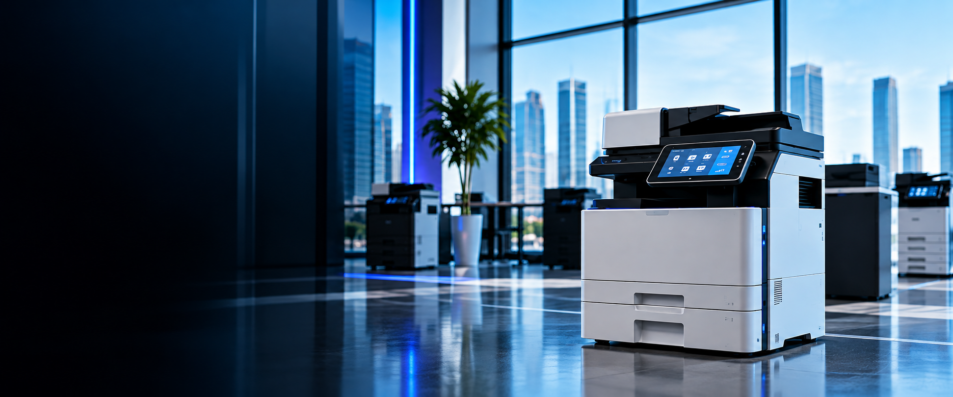 A business office printing environment with multiple connected devices for office printing operations