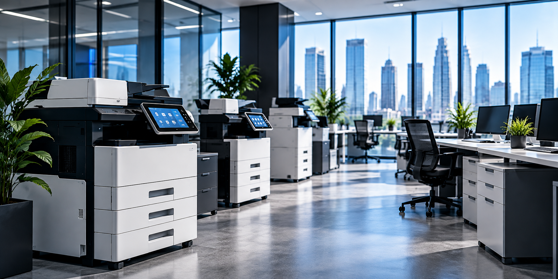 A business office with multiple printers and workstations arranged for office printing operations