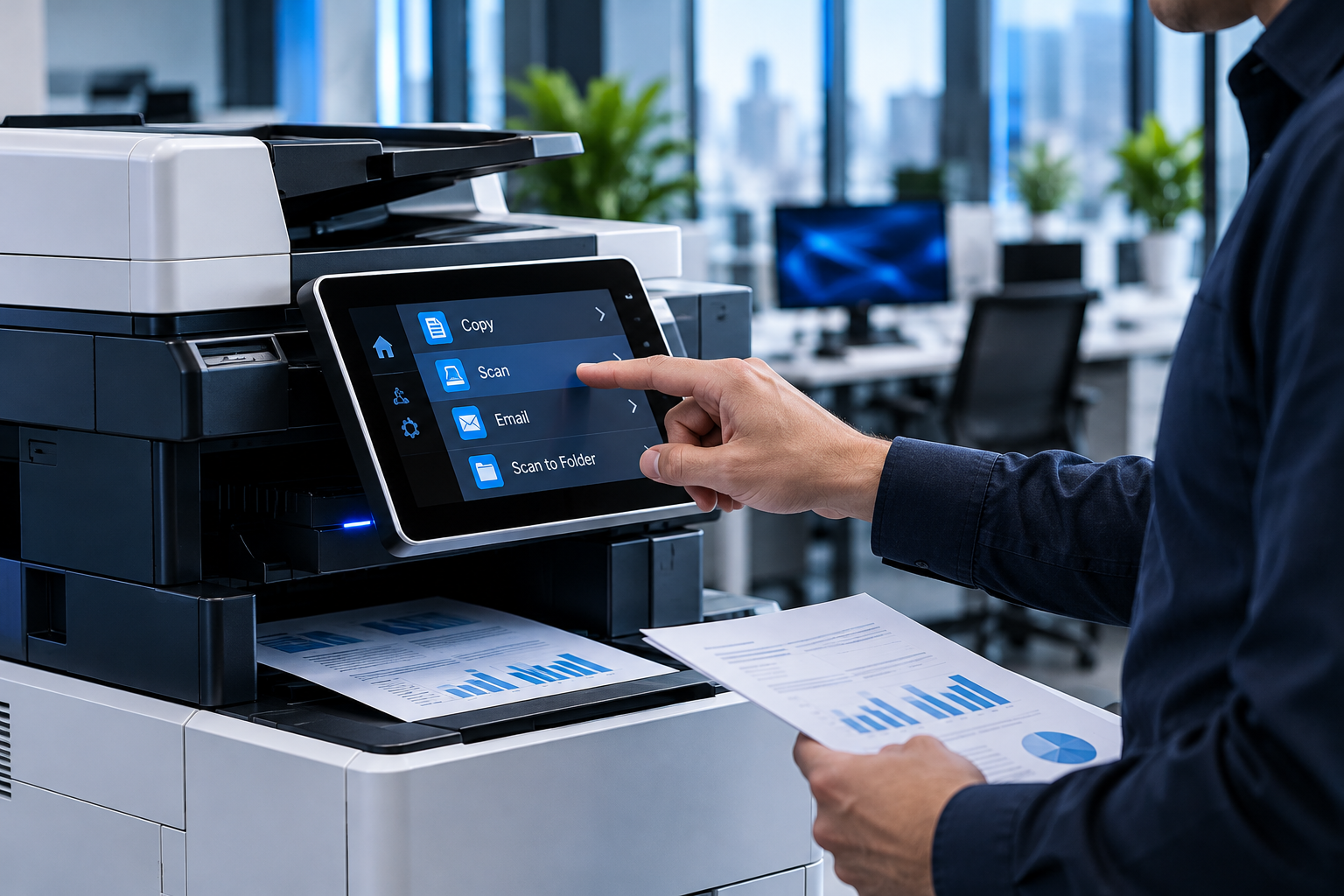 A business printer being configured with a laptop showing configuration settings