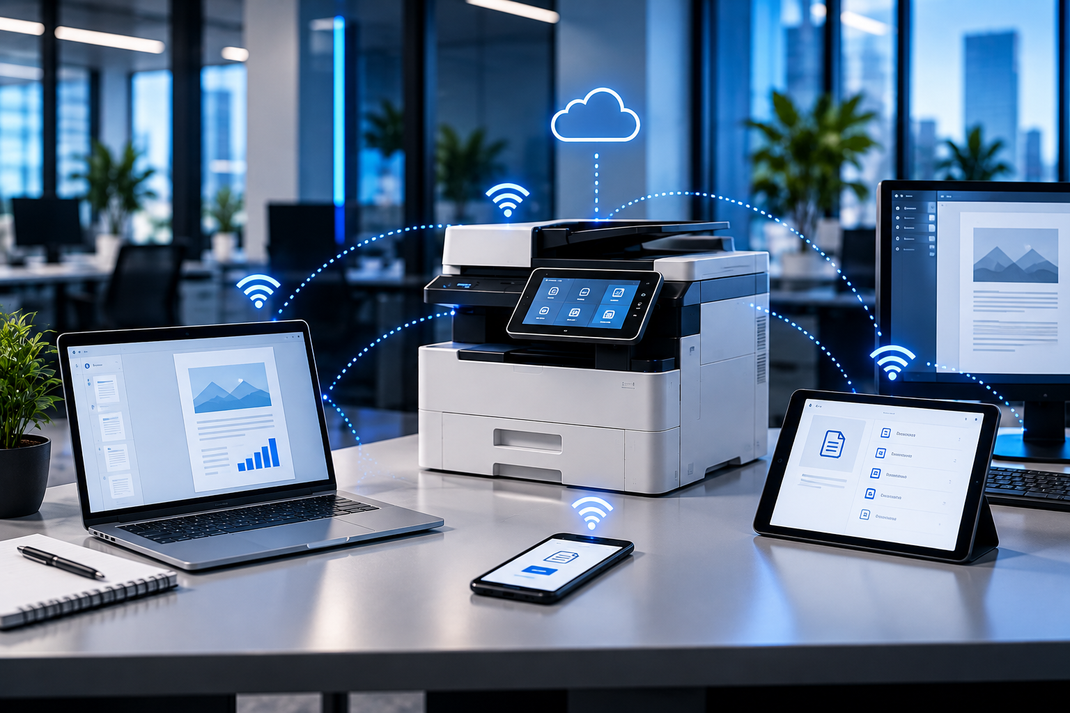 Illustration of a business printer connected to an office network with workflow paths