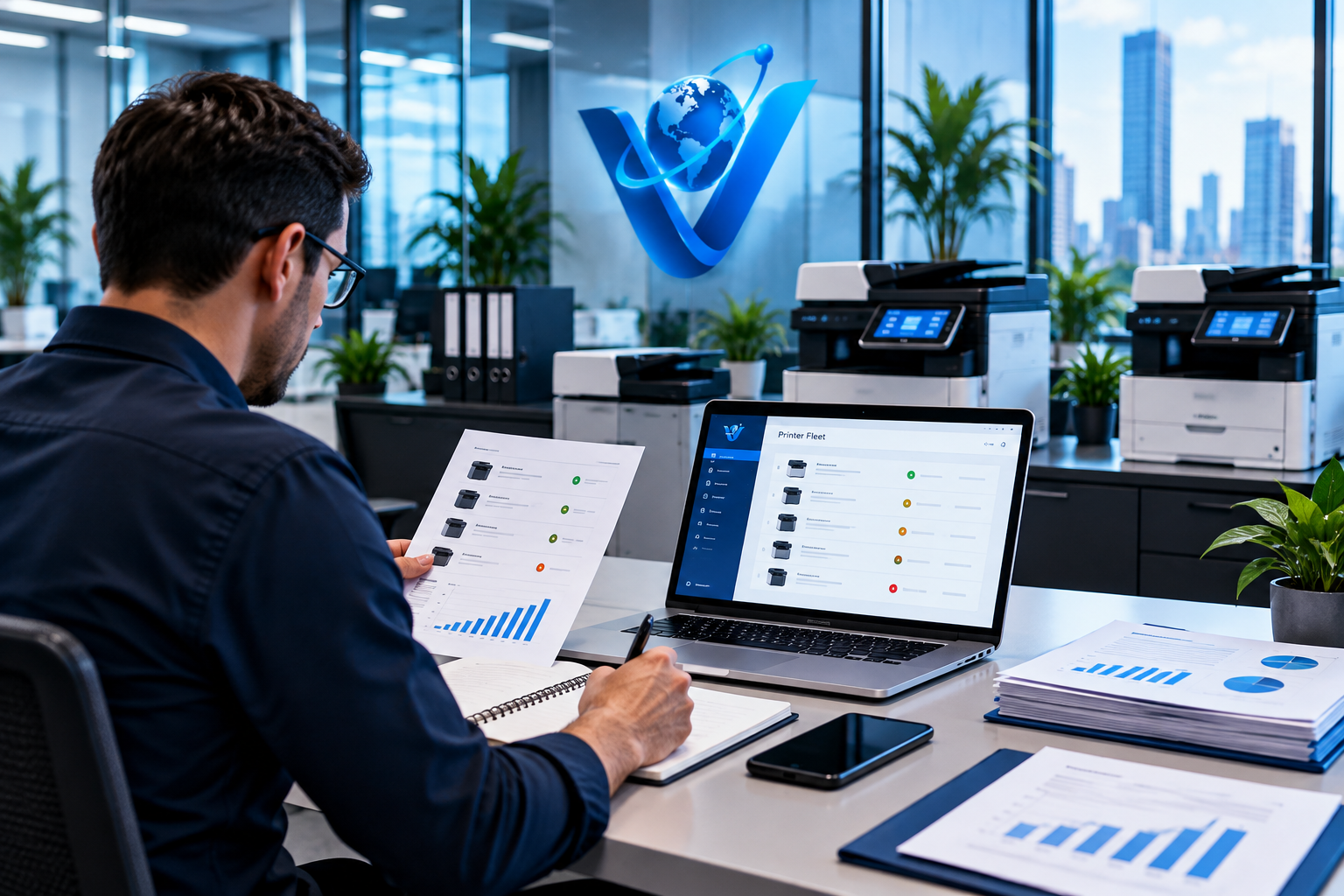 Illustration of multiple office printers being coordinated in a business environment