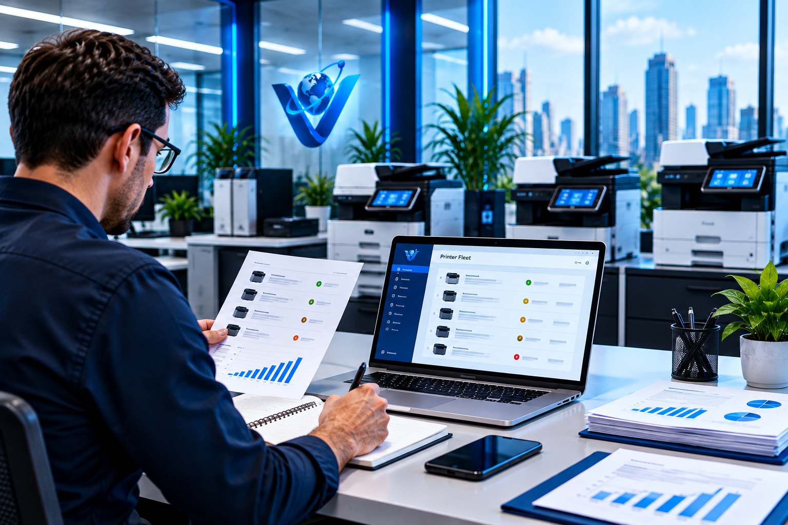 A modern business office environment with printing equipment for office printing operations