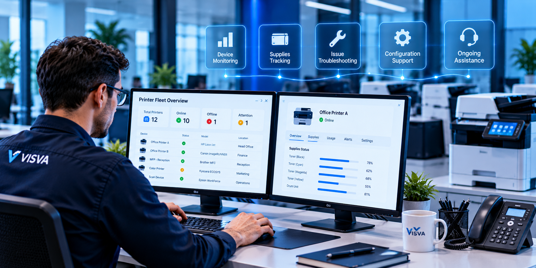Printer management support professional reviewing office printer information in a modern business office