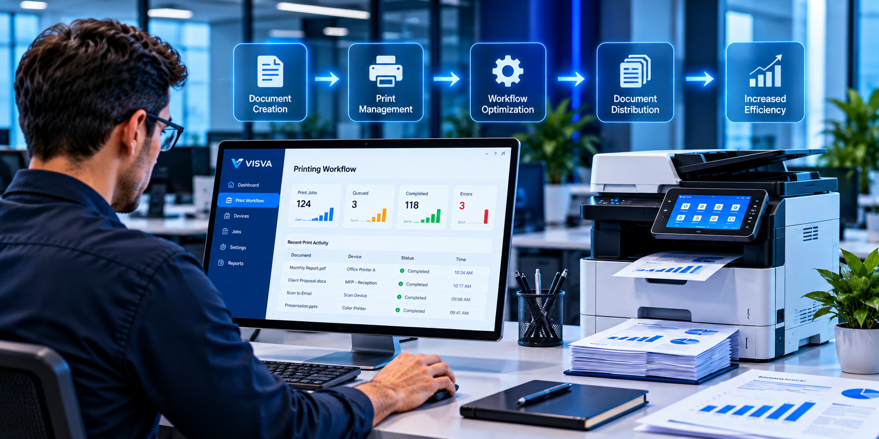 Business printing workflow organization dashboard illustrating office printing management